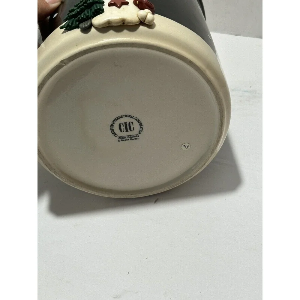 Happy Holidays Snowman Ceramic Canister Navy‎ Blue Christmas Cookie Jar 8.5in